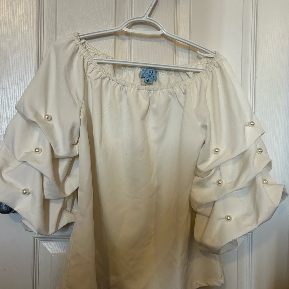 CeCe Cream Blouse with Ruffle Sleeves and Pearl Details